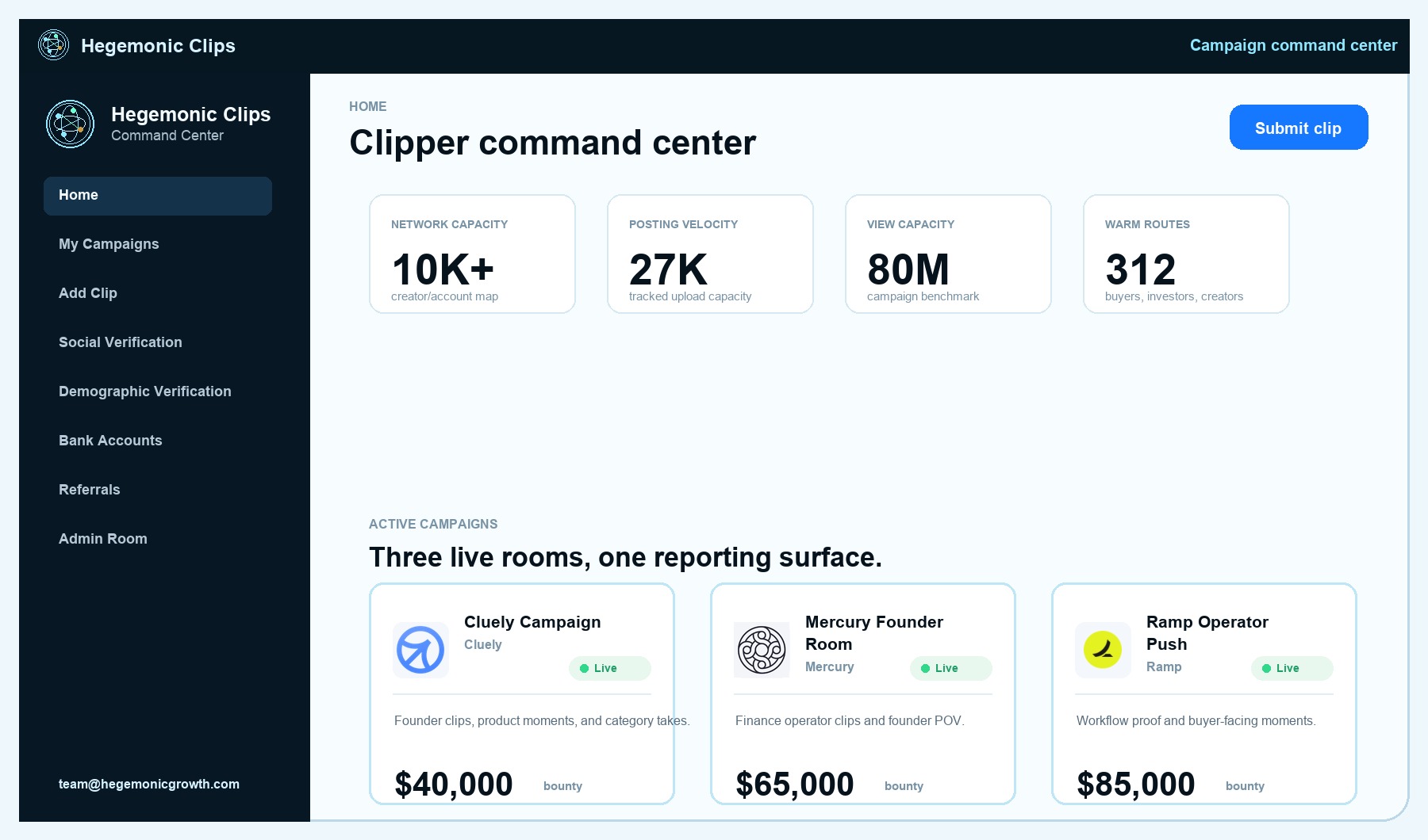 Hegemonic clipper command center with live campaign bounties and KPIs